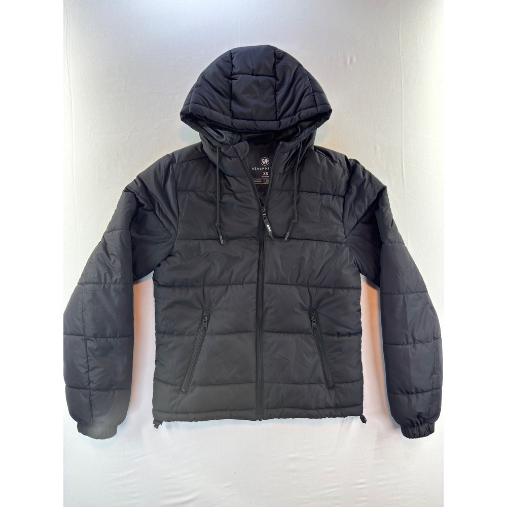 Aeropostale Mens Puffer Jacket Black Hooded Recycled Fill Quilted Coat XS